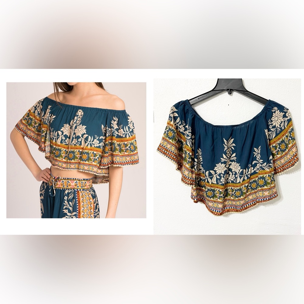 Rio Bohemian Off the Shoulder Teal Floral Cropped Top Prairie Romantic Festival